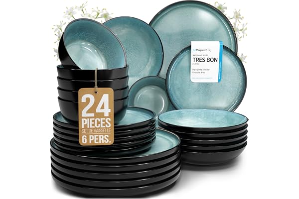 Pure Living Service de table 24 pièces pour 6 personnes – Beau service de table en grès de style méditerranéen pour 6 personnes – Passe au lave-vaisselle et au micro-ondes – Service de pour 6