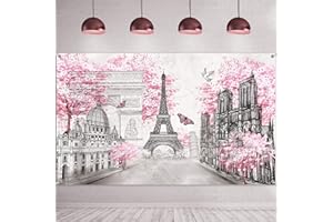 SUMIND Paris Tapestry Wall Art Eiffel Tower Photo Banner Background European City Landscape Pink Wall Hanging Decor for Living Room Girl Bedroom Paris Themed Party Decor, 72.8 x 43.3 Inch