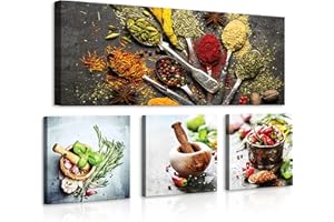 WallArena Quadro Su Tela Cucina Cucchiai Erbe Fresche Spezie - Pronto da appendere - Stampa Su Tela Moderno Per La Cucina Con Cornice Grande XXL 4 Pezzi Decorazione Da Parete (80x55 cm)