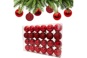 AiTodos® 24-Pack Röda Julkulor, Splitterfria 50mm | Splitterfri Plast, 3 Ytbehandlingar: Matta, Glitter, Blank, 50mm, För Jul