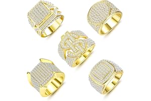 FIOROYAL 5Pcs Anelli Oro Uomo 18K Placcatura in Oro Anelli con Diamanti Iced out, Moda Hip Hop Rock Personalizzati Anelli Oro Lustrati e Larghi
