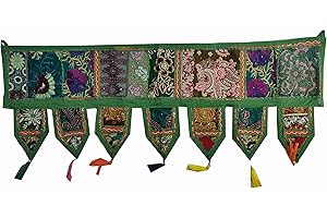 INDIAN CRAFT CASTLE ICC valances for Windows Toran Cotton Vintage Patchwork Door Hanging Valance Window Hand Embroidered Bohemian Decor Living Room Wall Bedroom Home Handmade Decorations Dark Green 42 Inches
