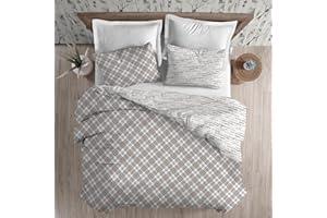 Biancheriastore New style at home Parure Copripiumino Stampa Fantasia Scozzese Scritte Love 100% Cotone Made in Italy | Set Sacco Copri Piumino Tartan e Federe | - Singolo - Beige