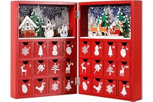 Brubaker Kalendarz adwentowy wielokrotnego użytku z drewna do napełniania – czerwona książka bożonarodzeniowa z 24 drzwiczkami – kalendarz bożonarodzeniowy DIY 21 x 9 x 30 cm