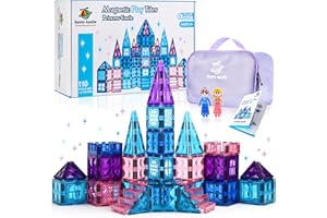 SUNNY AUNTIE Magnetic Tiles 110 PCS, Princess Castle Magnet Blocks, Toys for Girls, 3 4 5 6 7 8 Year Old Girl Birthday Gift Ideas, Magnetic Building Blocks + Zippered Carrying Case + 2 Dolls Gift