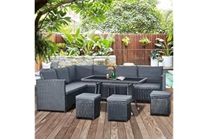 Aweather Luxury Outdoor Rattan Garden Furniture Patio Dinning Set, 7-Piece Outdoor Furniture Sofa Set Garden Corner Sofa Set Patio Conversation Set with Glass Table and Grey Cushions, Black Wicker