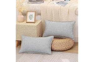 decorUhome Set of 2 Linen Cushion Covers 30X50cm,Decorative Outdoor Plain Vintage Cushion Covers with Stitched Edges, Rectangle Farmhouse Neutral Pillow case 12x20 Inch for Sofa, Light Grey