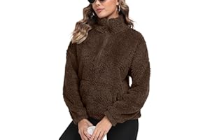 IWOLLENCE Womens Fleece Sweatshirts Sherpa Teddy Fleece Jumper Half Zip Borg Fleece Women Winter Clothes with Kangaroo Pocket Casual Warm Jacket