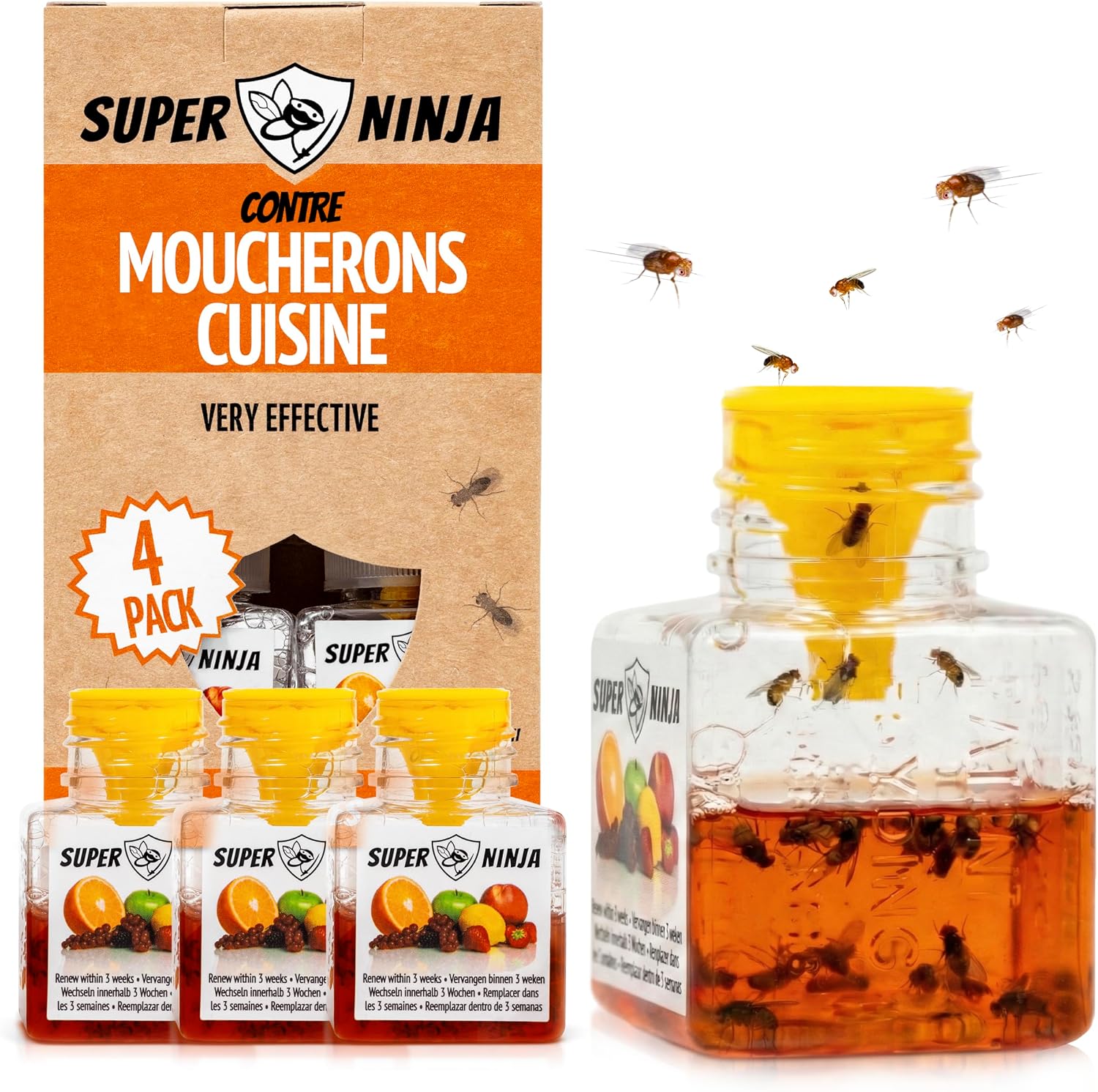 Super Ninja Pièges Anti Moucherons d'Intérieur Cuisine, Lot de 4 | Attrape Moucheron Intérieur pour Maison, Sûr pour Enfants et Animaux, Non Adapté aux Moucherons de Terreau, Jusqu'à 3 Mois