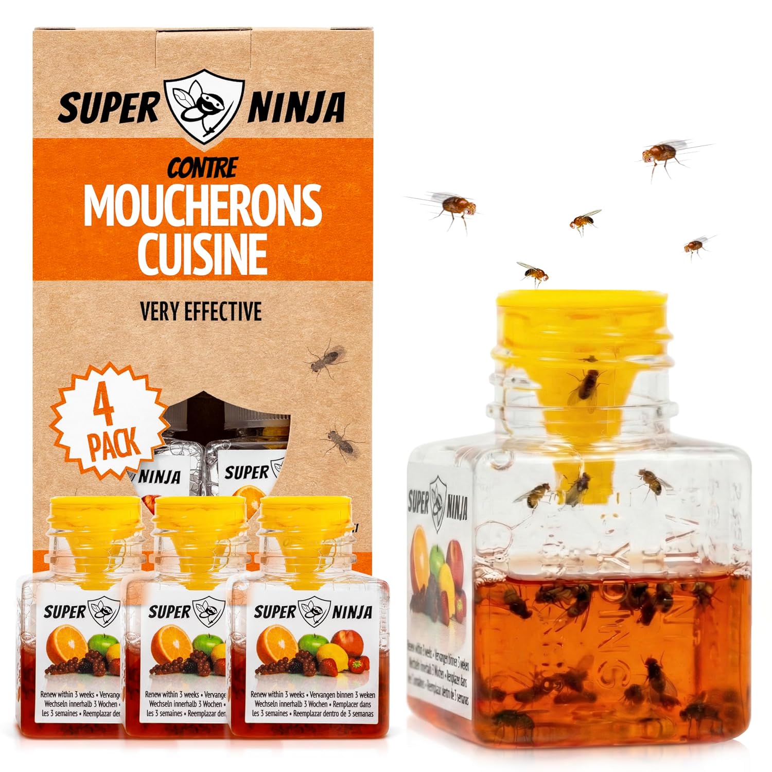 Super Ninja Fruitvliegjesvanger: 4 vallen, zeer effectieve milieuvriendelijke vallen voor fruitvliegjes binnenshuis, minstens 3 weken actief per fles