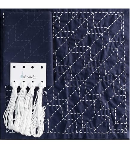 DELICATELA Kit Broderie Sashiko Japonais - Tissu 30x30cm Pré-imprimé, Fil, Aiguille