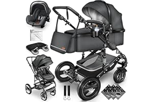KIDUKU® 3 in 1 Kinderwagen Komplettset | Kombikinderwagen Set inkl. Babywanne & Buggy Sportsitz & Auto-Babyschale Fußsack | Vollgummireifen Wickeltasche Handwärmer Regenschutz Kindertisch ECE R129