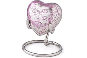 URNSWITHLOVE Small Keepsake Heart Cremation Urn For Ashes With New Improved Lid, Mini Heart Memorial Urn With Box & Stand (Pink Flying Birds)
