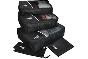 HOPEVILLE Kleidertaschen-Set 5-teilig, mit 3 Koffertaschen - PLUS einem Wäschebeutel und einem Schuhbeutel, Premium Packing Cubes für perfekt organisiertes Reisegepäck (Schwarz)