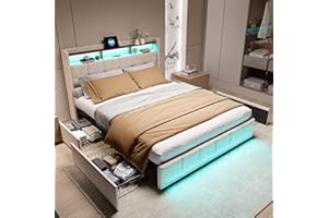 BRILVERDE Letto imbottito 160x200 con Contenitore, letto matrimoniale con USB e LED, con 4 cassetti, letto funzionale con testiera, struttura letto con rete a doghe, Lino (Beige, 160 x 200 cm)