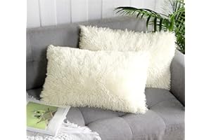 Uhomy 2 Packs Fall Winter Home Decorative Fluffy Plush Pillow Cover 12"x20", Luxury Soft Fluffy Artificial Fur Throw Pillow Case Cushion Cover Fluffy Double Side Fur for Sofa Bed, Cream 30x50 cm
