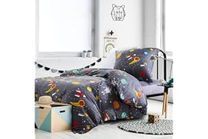 ‎SACEBELEU Sacebeleu Kinder Bettwäsche 135x200cm 4 Teilig Jungen Grau Weltraum Weltall Sternenhimmel Universum Sterne Astronat Rakete Planeten Muster Bettbezug und 2 Kissenbezug 80x80cm mit Reißverschluss