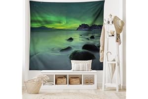 ABAKUHAUS Paisaje Tapiz de Pared y Cubrecama Suave, Magia Naturaleza Playa, Colores Firmes y Durables, 150 x 110 cm, Cal Verde Almendra Verde