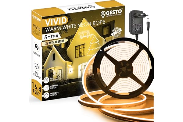 Gesto 16.4 Ft Neon LED Strip Light with 12V Adapter Waterproof,Flexible & Cuttable Rope Light for Diwali Decor,Wall Decor,Indoor Outdoor Lighting,Neon Sign Board & Custom Name Design Warm White