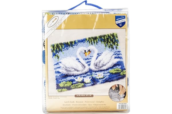 Vervaco Kit Tapis Point Noué Á Faire 2 CYGNES Broderie Debutant DIY Latch Hook Kit Complet Decoration Maison Manuelle Loisir Créatif ca. 55 x 40 cm Embroidery