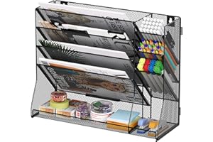 TQVAI 5 Fächer Metall Zeitschriftenhalter Wand Dokumenten Organizer mit 3 Stiftehalter A4 Papier Flyerhalter Postsortierer Dokumentenablage für Büro Zuhause Schule, Schwarz