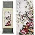 AtfArt Asian Wall Decor Beautiful Silk Scroll Painting Flowers - Rich and noble - Rich White Head Oriental Decor Chinese Art Wall Scroll Wall Hanging Painting Scroll (36.2x 12 in)