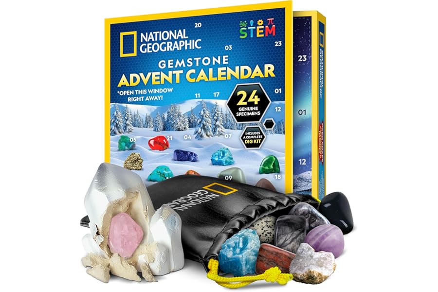 NATIONAL GEOGRAPHIC 2025 Gemstone Advent Calendar - Christmas Countdown Calendar for Kids with 24 Gems, Rock Collection, Mini Gem Dig Kit (English-Only Version)