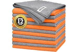 FIXSMITH Microfibre Cleaning Cloth -Pack of 12, Highly Absorbent Cleaning Rags(Grey&Orange), 16"X12" All Purpose Cleaning Towels for Housekeeping, Kitchen, Car, Reusable Microfiber Towels