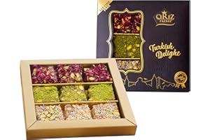 ÇEREZ PAZARI Cerez Pazari Turkish Delight Pistachio with Fantastic Rose & Pomegranate Flavour Experience in Luxury Gift Box 250g | Assorted Gourmet Soft Candy, Sweet Vegan Traditional Lokum (Loukoumi) (9-11 Pcs)