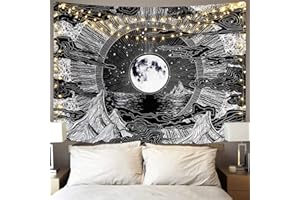 Alishomtll Arazzo da parete con luna e stella, motivo nuvola, Stars Celestiale Galassia Arazzo da Parete bianco nero, Mistico Tarocchi Psichedelico Telo da Parete, 150 x 210 cm