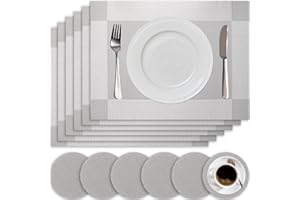 HEYOMART Placemats and Coasters Sets of 6, PVC Vinyl Table Mats Non-Slip Heat Resistant Washable Dinner Mats Place Mats for Kitchen Dining Table Home Restaurant, Grey