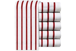 Quick Cleaning Supplies QCS Towels - Vintage Multi-Stripe Jacquard Weave Tea Towel Set - 100% Ring Spun Cotton - Kitchen Dish Cloth - Super Absorbent - Premium Construction - 44 x 66 cm (Red,6)