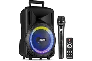 Fenton FT08LED MK2 - Altavoz Activo portátil de 8" 300W, Bluetooth, Micrófono UHF, Woofer LED, USB/microSD, Entrada Aux, Talkover, Batería Recargable, Emparejamiento Estéreo, Vaso para Trípode 35mm