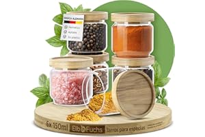 ElbFuchs® Juego de tarros con tapa de 150 ml (6 piezas) de vidrio de borosilicato, herméticos y reutilizables, ideales para especias, hierbas y alimentos secos