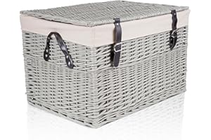 green leaves Large Wicker Basket with Lid with Liner Trunk Baby Nursery Toys Blanket Storage Chest Basket (Grey, Extra Large)