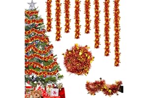 BINGQILING Lametta Weihnachtsbaum Rot Gold- 6PCS Weihnachtsdeko Lametta Girlande Weihnachtsgirlande mit Stern 12M Glitzer Christmas Girlande Deko Weihnachten Outdoor Weihnachtsbaum Tür Treppen Girland Deko