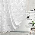 Boho White Woven Fabric Shower Curtain with Tassel 72 x 72 Modern Farmhouse Minimalist, Tufted Chevron Striped Shabby Chic Textured, Water Resistant Cloth Curtain for Bathroom, Hotel Decor