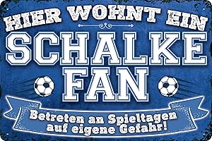 14x20 cm Blechschild für Fußball Fans, hier wohnt ein Schalke Fan – Wandschild, Türschild, Torschild, lustiger Fussball Spruch, Fanartikel
