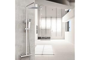 AICA SANITARIOS S.L Aica Sanitarios Columna de ducha termostática 38℃, Barra ajustable 85~125cm, Alcachofa Cuadrada ángulo flexible, Ducha Lluvia, Juego de grifería