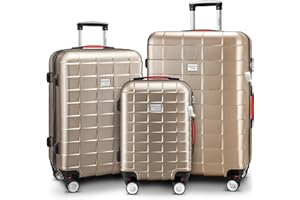 Monzana® 3Pc Hard Shell Suitcase Luggage Set with TSA Lock | Inc. Scale, Organiser Bags | Gel Comfort Handles | Twin Spinner Wheels, Feet | Travel Holiday Trolley Case | M-L-XL | Champagne