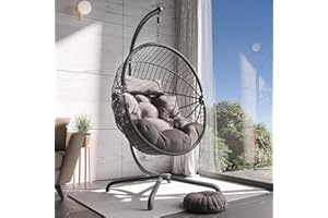 GENERIC Swing Egg Chair, Rattan Hanging Egg Chair with Cushion, Foldable Egg Chair Outdoor Indoor, Garden Patio Hammock Chair with Stand & Adjustable Height, 160 Kg Weight Capacity