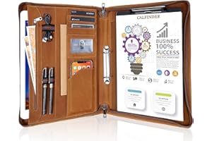 CALFINDER Leather Conference Portfolio Folder with A4 Clipboard, 2 Ring Binder Portfolio Zippered for A4 Writing Pad, Business Organizer for Document，Brown