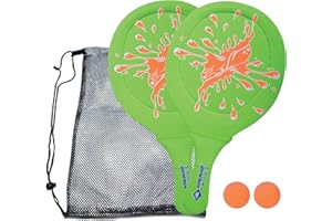 Schildkröt Lot de 2 balles de plage en néoprène avec 2 raquettes, 2 balles dans un sac en filet, différentes couleurs - Excellent rebond et rebond - Jeu de plage et de jardin pour toute la famille