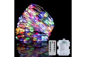 GHJ LED Battery Operated Remote Control Rainproof Silver Wire String Fairy Lights Indoor/Outdoor for Christmas Tree Xmas Garden Party (50LEDs, Multi)