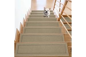 JSEI Non-Slip Stair Treads for Wooden Steps Indoor, 15 Pack 20.32x76.2 cm Edging Stair Rugs with TPE Backing, Carpet Stair Treads for Kids Elders & Pets, 100% Polyester Soft Stair Runners, Beige