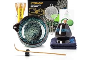 ‎TEANAGOO TEANAGOO Zestaw do trzepaczki Matcha, zestaw matcha na ceremonię, zestaw do herbaty matcha do robienia śniadania/latte matcha, ceramiczna miska do matcha z wylewką i trzepaczką, prezent dla miłośnika