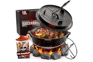 ‎GUSSKÖNIG GUSSKÖNIG Dutch Oven Set [12L] - Eingebrannter Feuertopf mit praktischem Deckelheber und Edelstahl Untersetzer