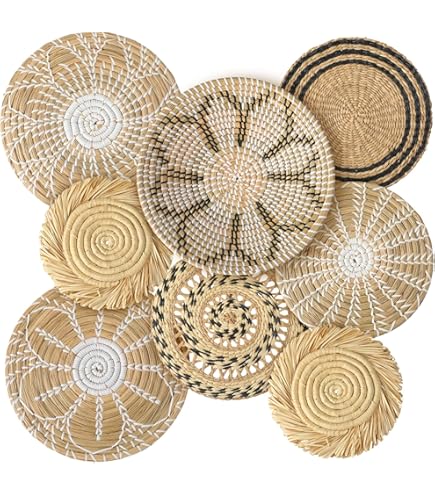 Hangende geweven muurmand decoratie - set van 6 | handgemaakte zeegras manden muurkunst | natuurlijke rieten zeegras manden | Boho wanddecoratie voor woonkamer of slaapkamer | Boho woondecoratie