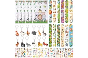 BATNITE Jungle Animal Party Bags Fillers - 56 Pieces Kids Wild Animals Gift Bag Safari Animal Keychains Slap Bracelet Temporary Tattoo Sticker for Kid Party Favours Boy Girl Birthday Halloween Christmas Gifts