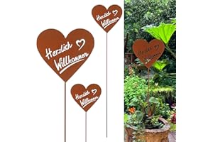 Cepewa Set di 3 decorazioni da giardino "Herzlich Willkommen", effetto ruggine a forma di cuore, 15 x 42 cm, in metallo, decorazione rustica, terrazza, balcone